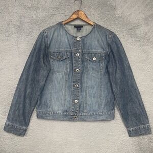 VTG Ann Taylor Jean Jacket Womens Sz M Light Blue Wash Denim Mandarin Crop Truck